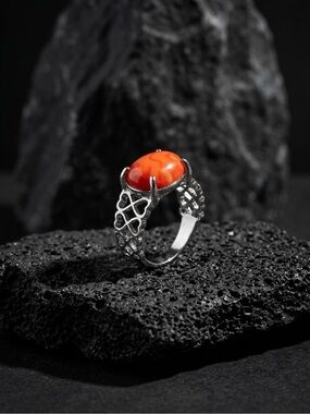 Gemstone Orange and Silver Heart Design Band Statement Ring - Women Jewelry